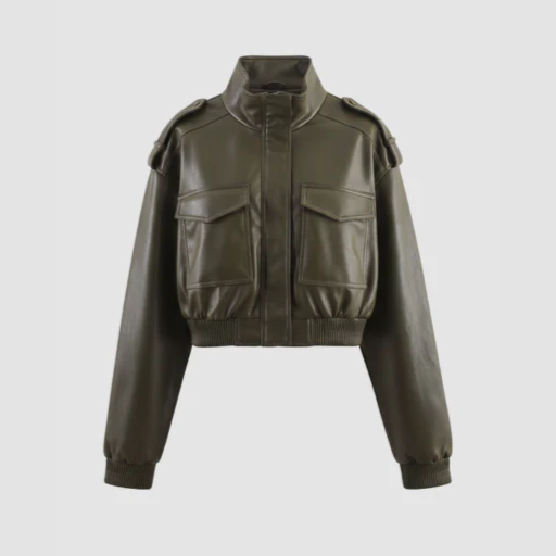 Veste courte femme style bomber avec col montant et poches à rabat