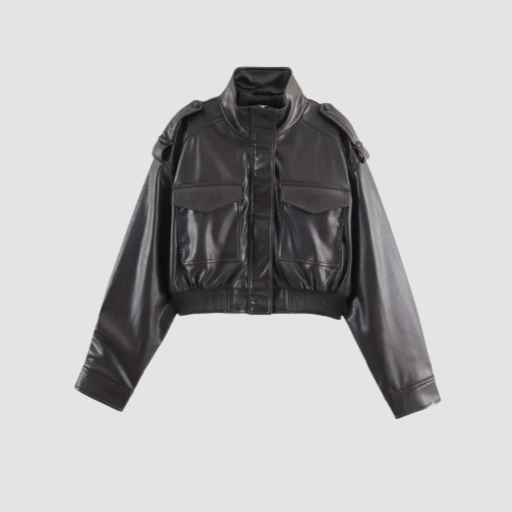 Veste courte femme style bomber avec col montant et poches à rabat